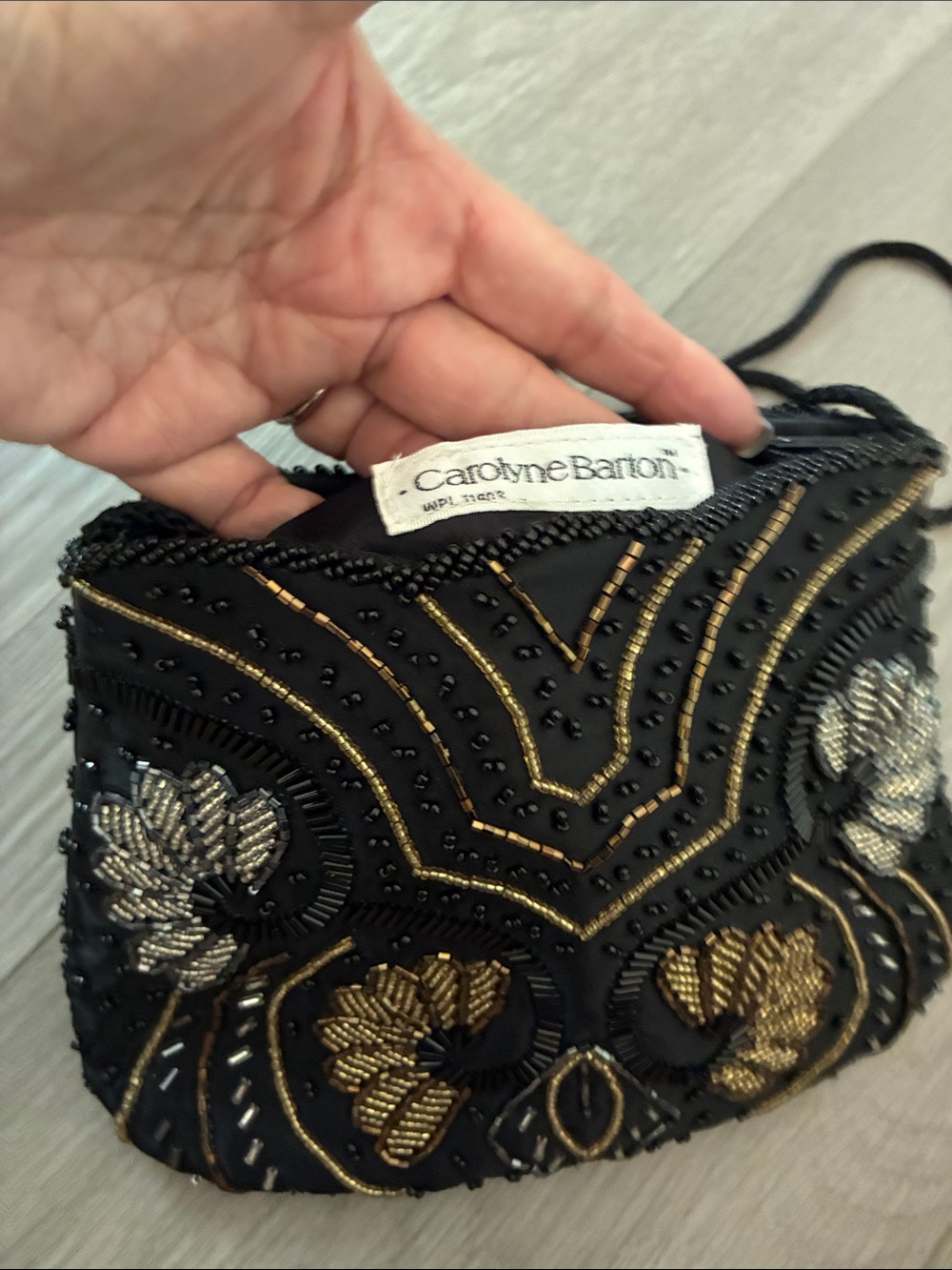 Black Beaded Evening Clutch with Gold & Silver Embroidery